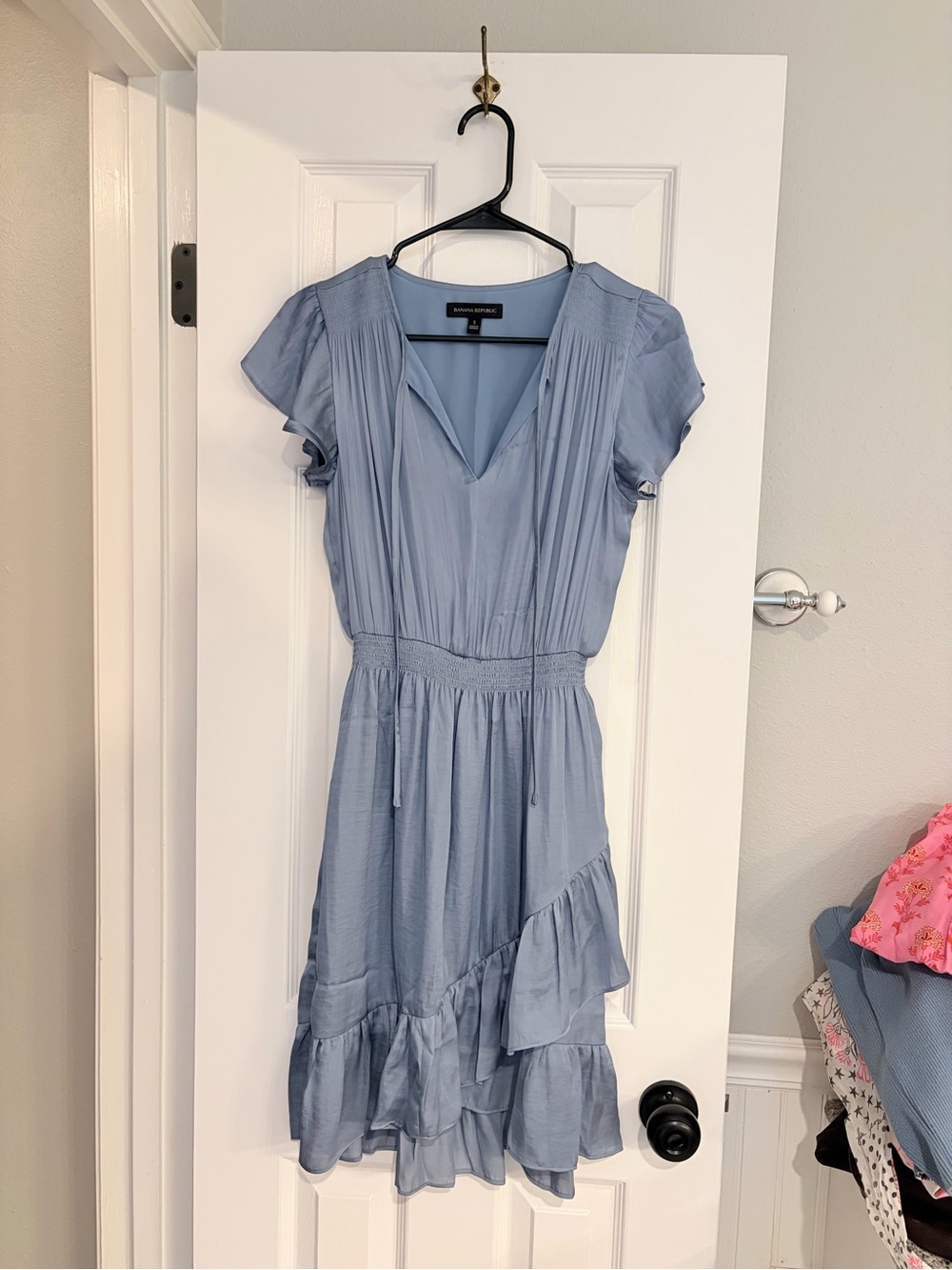 Banana Republic Ruffle Asymmetric Hem Dress 2 Slate Blue Smocked Waist